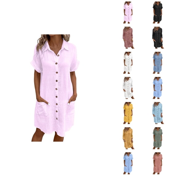 womens Blouse Dress Beach Dress with Pockets | Short Sleeve Button Down Casual Midi Dress