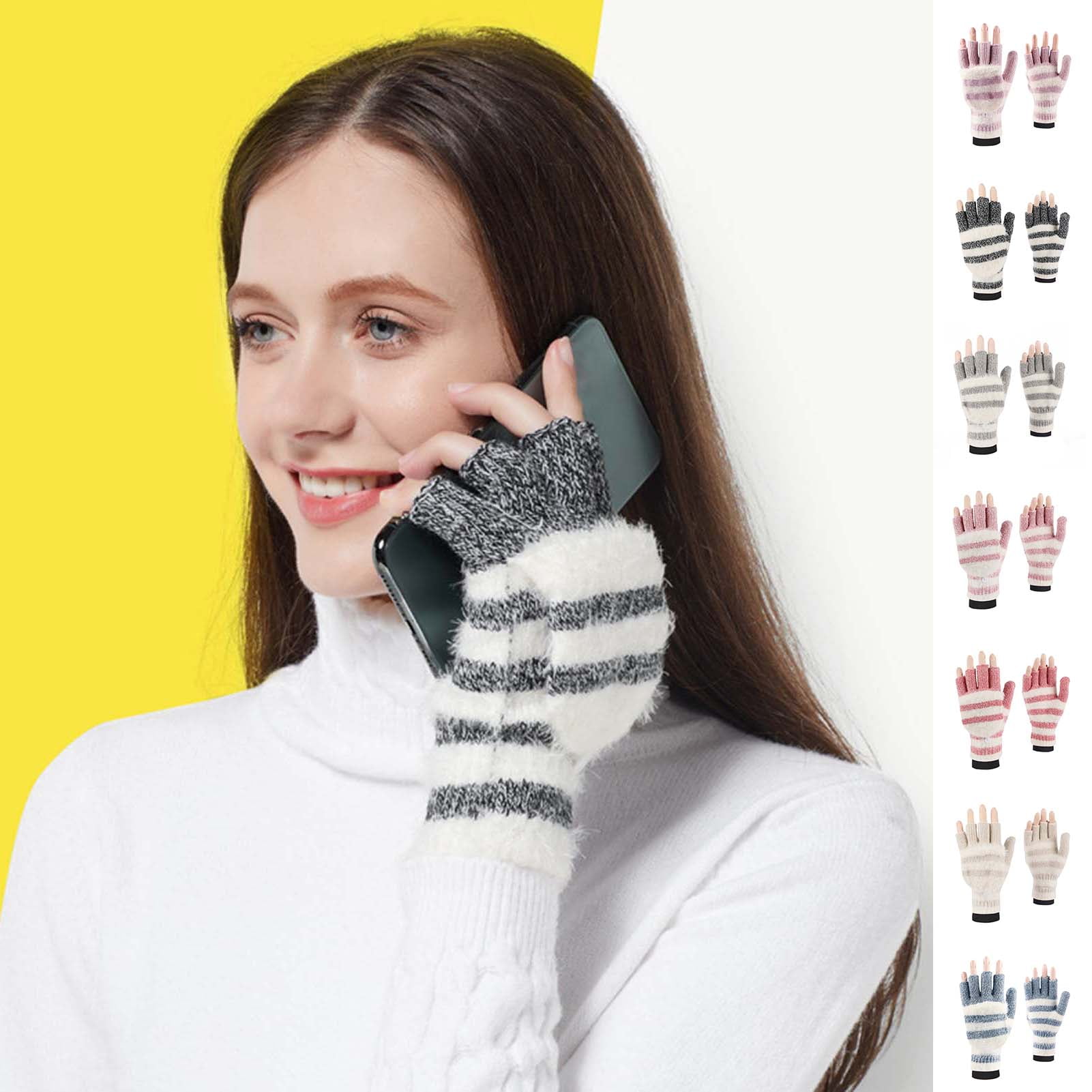 womens Knitted Convertible Fingerless Gloves With Mitten Flap Cover 