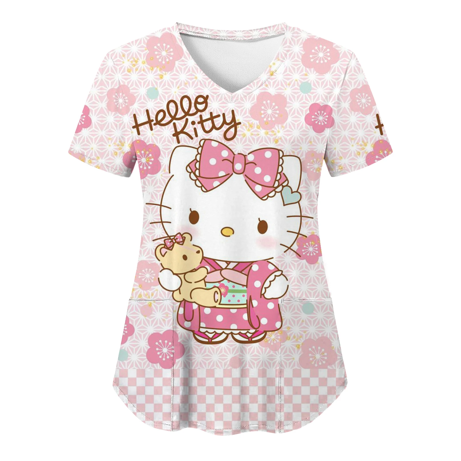 womens Nurse Uniform Hello Kitty Short Sleeve Working Uniform Pocket ...