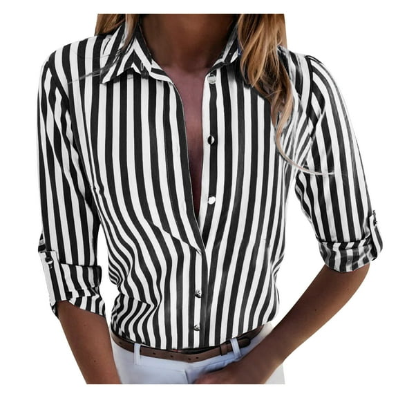 womens Shirts Long Sleeve Button Down Collar Shirt Striped Black Lblusas Mujer De Moda