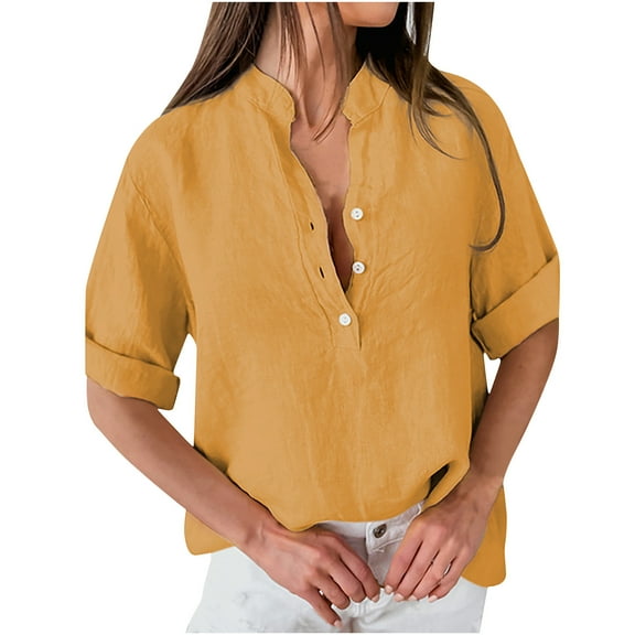 womens Summer Half Sleeve Tops V-Neck Button Tee Shirt Solid Color V-Neck Dressy Casual Henley Tshirt Blouses for Women