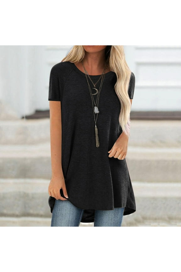 womens Tops for $5 Tops For Women Casual Spring Summer Women Fashion Plus Size Round Neck Short Sleeved Long T-Shirt Blouse