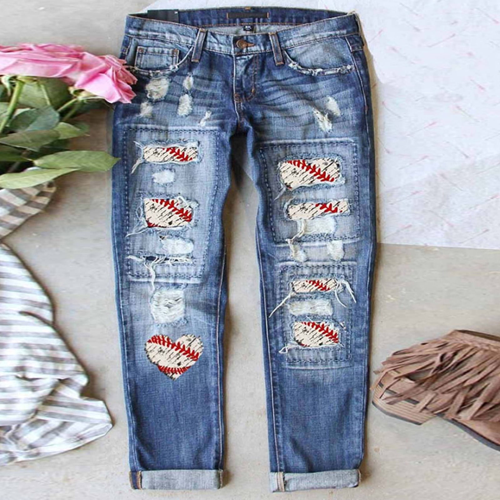 womens baseball print distressed mid rise straight jeans