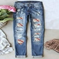 thumbnail image 1 of womens baseball print distressed mid rise straight jeans, 1 of 5