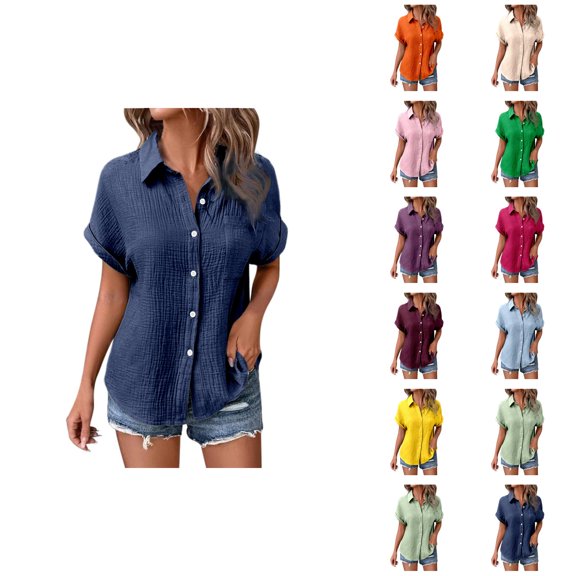 womens blouses linen blouses for women tall womens blouses long torso Ladies' Fashionable And Casual Solid Color Batsleeved Button Short Sleeved Shirt