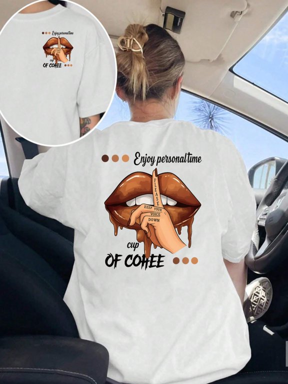 womens double sided print t shirt with front back slogan logo graphic casual short sleeve round neck relaxed coffee cup personal spring summer fall blouse machine