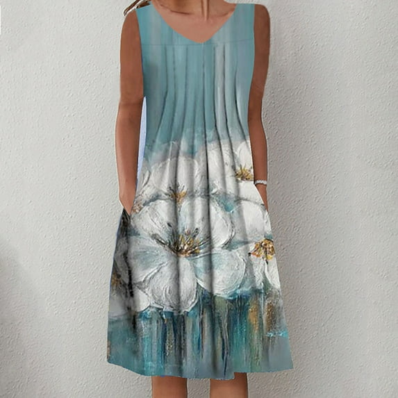 womens dresses Women's Summer Casual Round Neck Sleeveless Folding With Pocket floral Printed Dresses A Line Spaghetti Strap boho Sundresses flowy tummy control tank beach dress