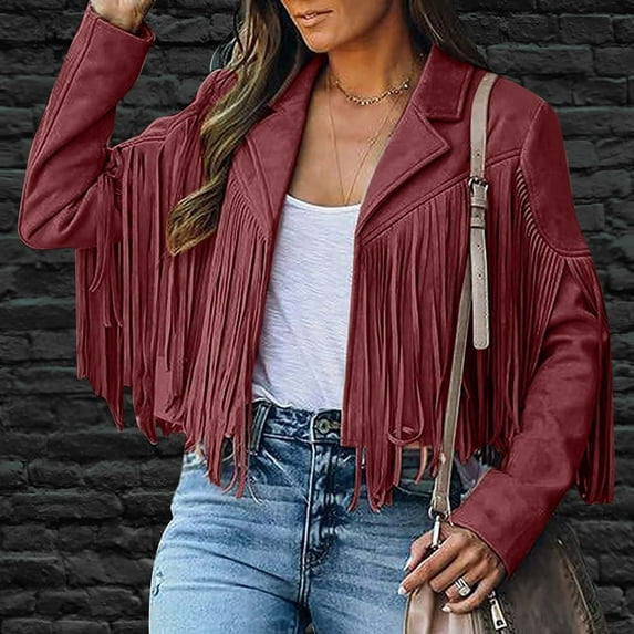 womens fall jackets,Wine Women's Fringe Faux Suede Leather Jackets Fall Fashion 2025 Tassel Motorcycle Cropped Coats