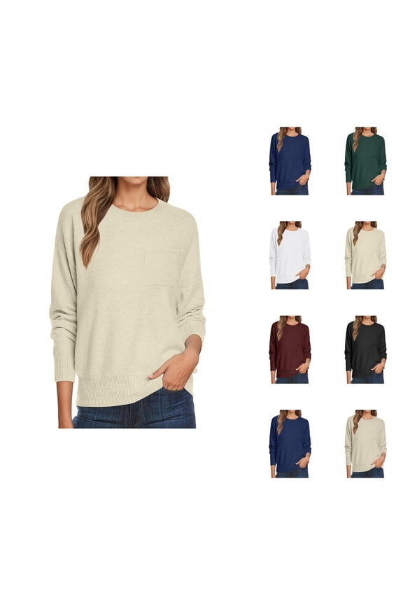 womens fall tops Women's Pullover Sweater Women Oversized Casual Crewneck Long Sleeve Knit Lightweight Cozy Sweater With Chest Pocket Pullover Top