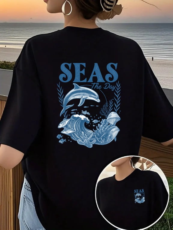womens front and back printed t shirt ocean day dolphin pattern womens crew neck fashion casual short sleeve for and daily printed