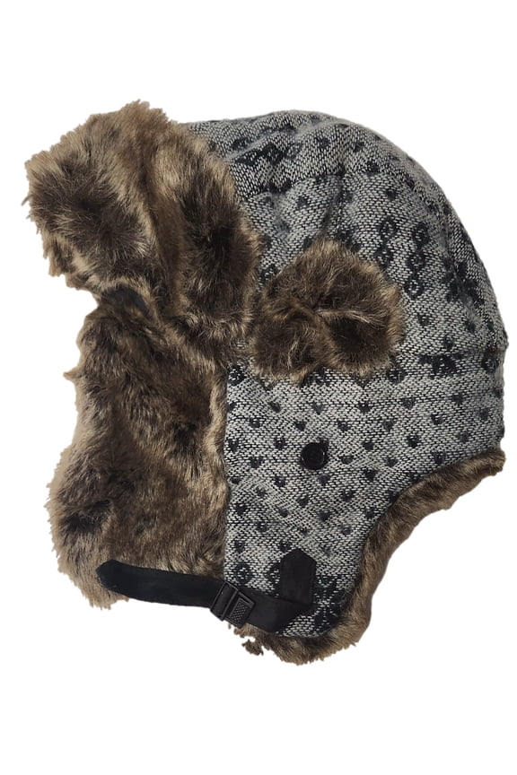 Womens Black & Gray Geometric Heart Print Aviator Trapper Hat