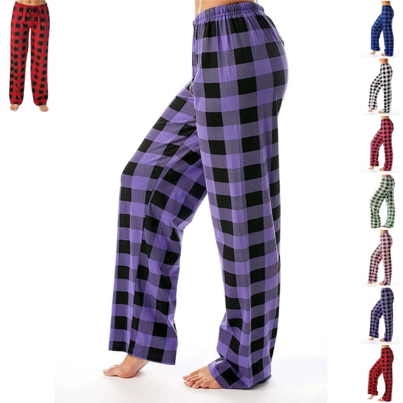 womens pajamas Pants Christmas Checkered Stretch Casual Loose Comfy Pants Sleep Bottom Purple M