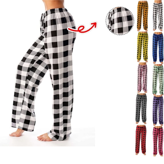 womens pajamas Pants Christmas Checkered Stretch Casual Loose Comfy Pants Sleep Bottom fashion Wide Leg Pants Plaid Pajama Bottoms Gray M