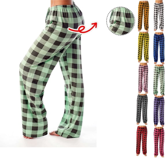 womens pajamas Pants Christmas Checkered Stretch Casual Loose Comfy Pants Sleep Bottom fashion Wide Leg Pants Plaid Pajama Bottoms Green L