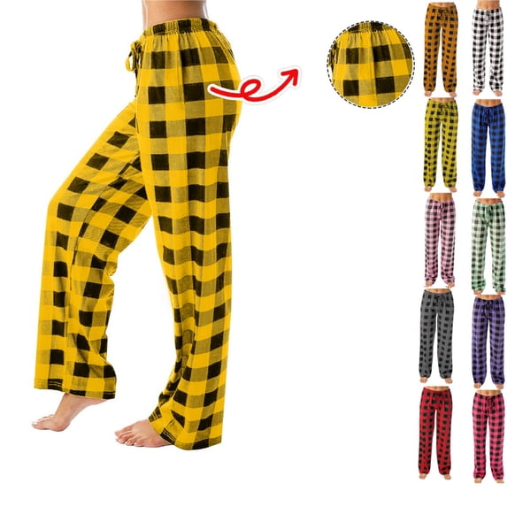 womens pajamas Pants Christmas Checkered Stretch Casual Loose Comfy Pants Sleep Bottom fashion Wide Leg Pants Plaid Pajama Bottoms Yellow M