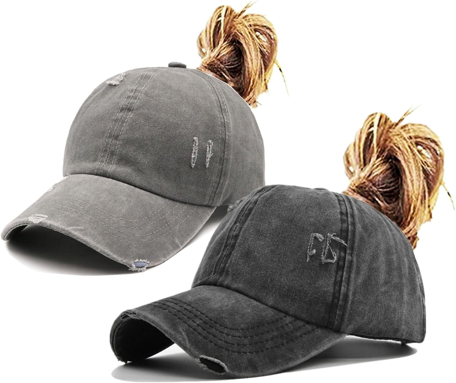 〽️Women\'s Black High Ponytail Baseball Cap Trucker Bad Hair Day Adjustable Eohak Distressed Ponytail Hats Baseball for Women Messy-Bun  main image 4