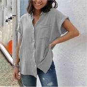 DRINDF womens summer tops casual stylish lapel button down shirt short sleeve open front cardigan with pockets