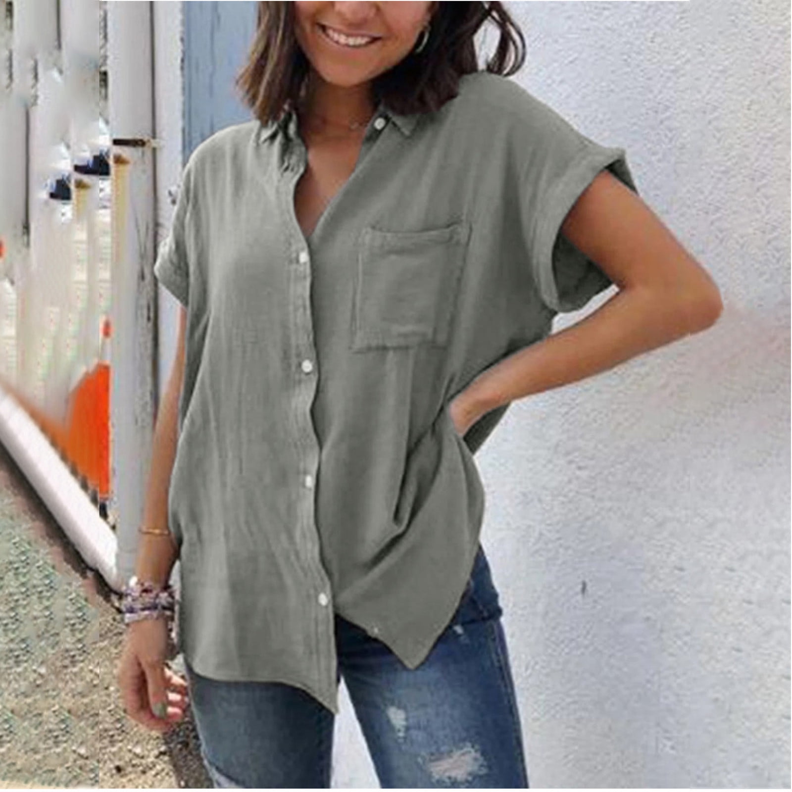 womens summer tops casual stylish lapel button down shirt short sleeve ...
