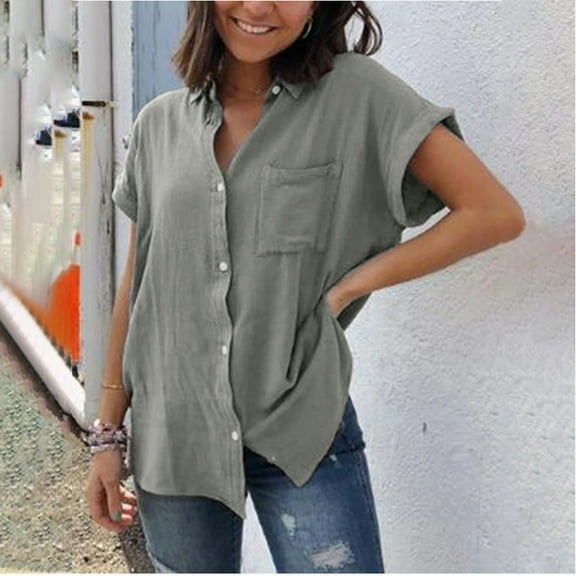 womens summer tops casual stylish lapel button down shirt short sleeve open front cardigan with pockets