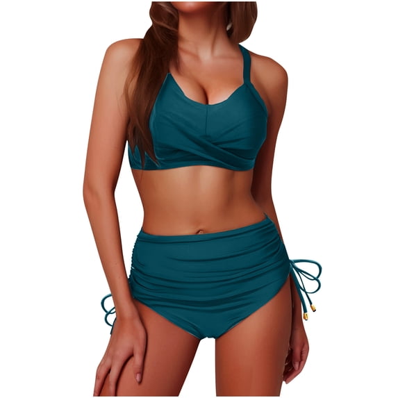womens swimsuits 2 piece Front High Waisted Bikini Swimsuit Drawstring Tie Side Bottom Crisscross Tie Back bathing suit for women