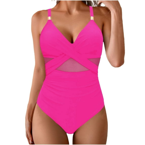 womens swimsuits V Neck One Piece Swimsuit Wrapped Mesh Tummy Control Bathing Suit with Adjustable Spaghetti Straps