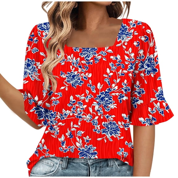womens tops 3/4 Length Sleeve Shirts for Womens Pleated Summer Tops 2025 Ruffle Bell Sleeve Fasion Trendy Spring Blouses spring tops for women