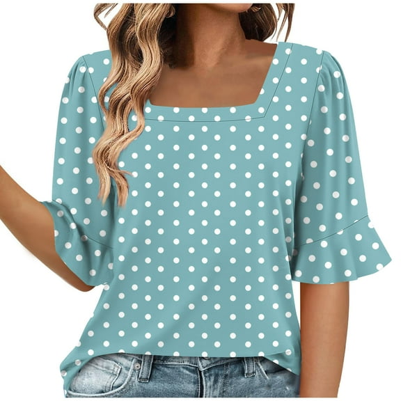 womens tops 3/4 Length Sleeve Shirts for Womens Pleated Summer Tops 2025 Ruffle Bell Sleeve Fasion Trendy Spring Blouses spring tops for women