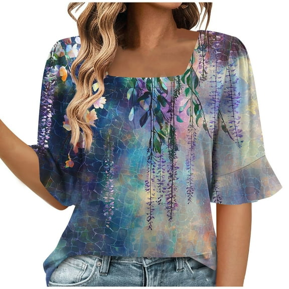 womens tops 3/4 Length Sleeve Shirts for Womens Pleated Summer Tops 2025 Ruffle Bell Sleeve Fasion Trendy Spring Blouses spring tops for women