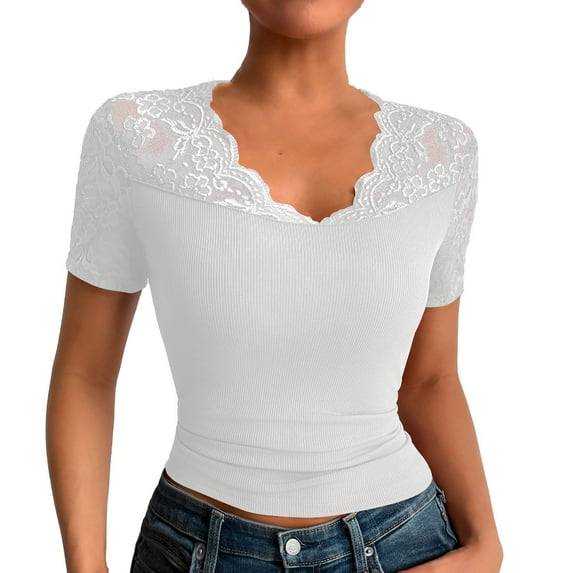 womens tops Crop Tops for Women Summer Lace Trim Bowknot Ruched V Neck Short Sleeve Top Solid Tee T Shirt lace spring tops for women