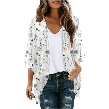 womens tops Floral Print Puff Sleeve Kimono Cardigan Loose Chiffon Cover Up Casual Blouse Tops