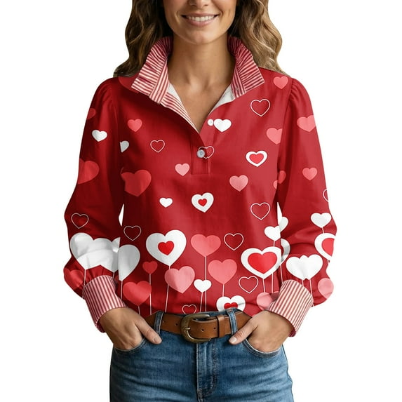 womens tops Love Shirt With Ruffled Stand Up Collar Romantic Valentine's Day Blouse Chic Top 2XL womens long sleeve tops Women's Tank Tops