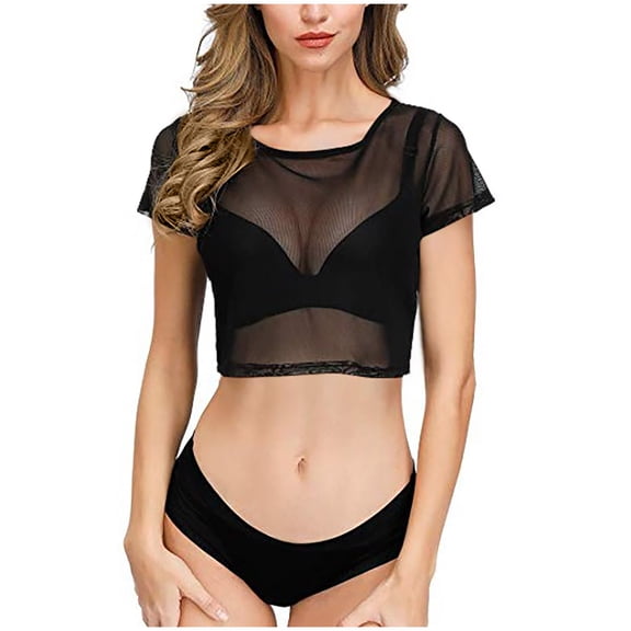 womens tops Mesh Crop Top for Women Short Sleeve Bodycon Tees Y2k See Through Blouse going out tops O Neck Clubwear spring tops for women