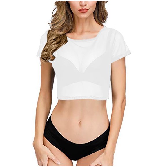womens tops Mesh Crop Top for Women Short Sleeve Bodycon Tees Y2k See Through Blouse going out tops O Neck Clubwear spring tops for women