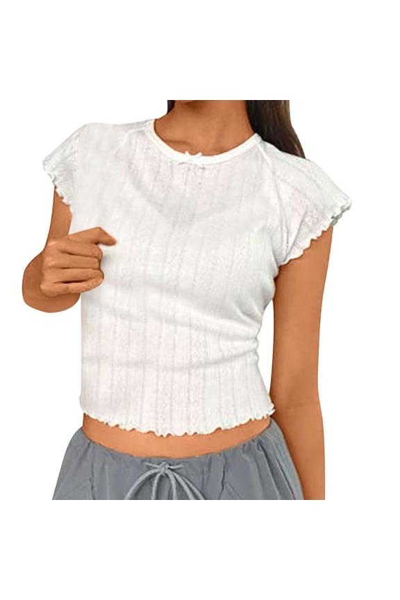 womens tops Women Y2K Lace Patchwork Pointelle Knit Short Sleeve Crop Tshirt Sexy Scoop Neck Bow Fitted Aesthetic Tee Tops spring tops for women