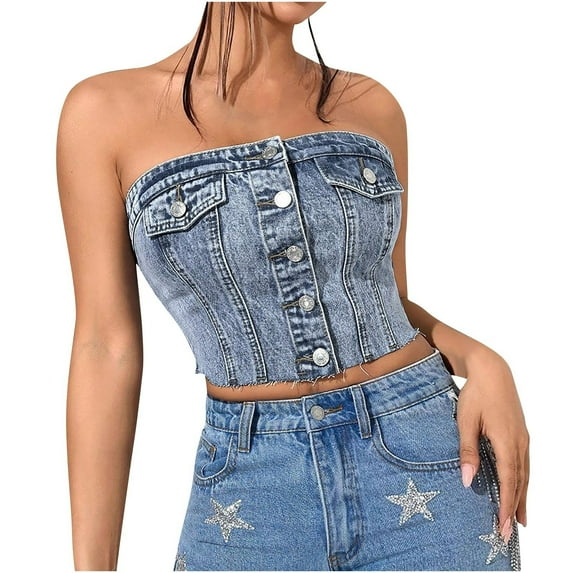 womens tops Women's Denim Tube Tops Button Front Raw Hem Smocked Back Crop Strapless Bandeau off the shoulder tops for women