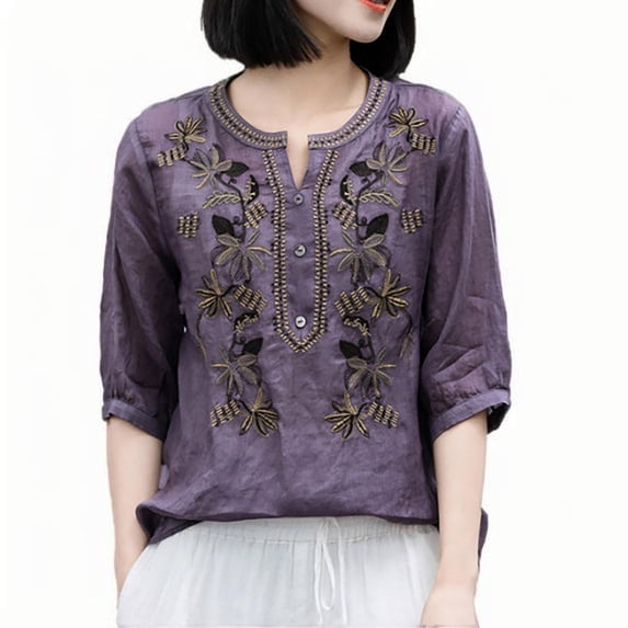 womens tops Women's Embroidery 3/4 Sleeves Cotton Linen Button Down Tunic Tops Blouse beach vacation clothes for women
