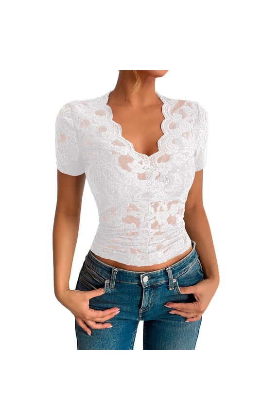 womens Tops Women'S Lace Mesh Short Sleeve Top Floral Sheer See Through Blouse Sexy Tops Spring Tops For Women