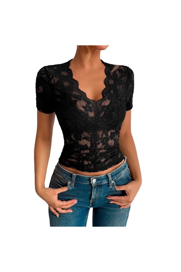 womens tops Women's Lace Mesh Short Sleeve Top Floral Sheer See Through Blouse Sexy Tops spring tops for women