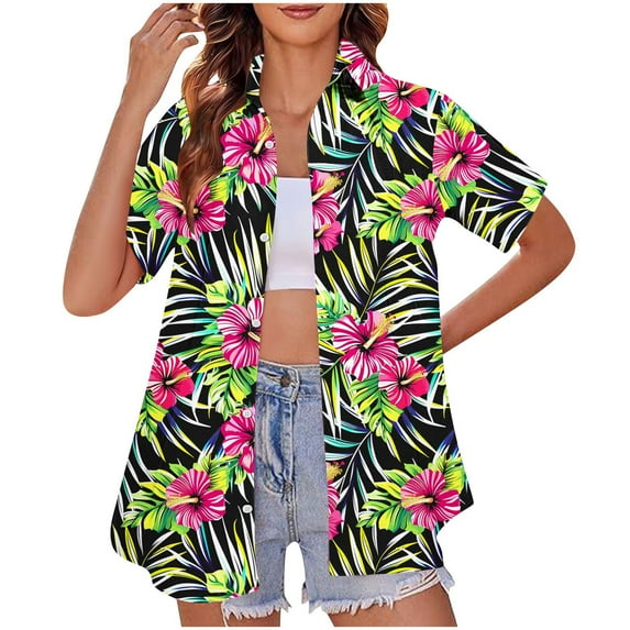 womens tops Women's Summer Hawaiian Shirts Floral Short Sleeve Button Down Shirts Hawaii Tropical Beach Tops Outfits spring tops for women