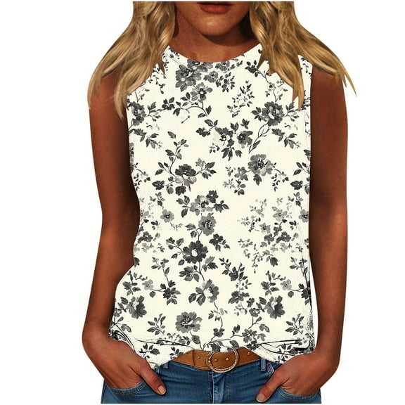 womens tops Womens Flower Print Crewneck Tank Tops Graphic Curved Hem Sleeveless Tops Summer Casual Loose Fit Shirts spring tops for women