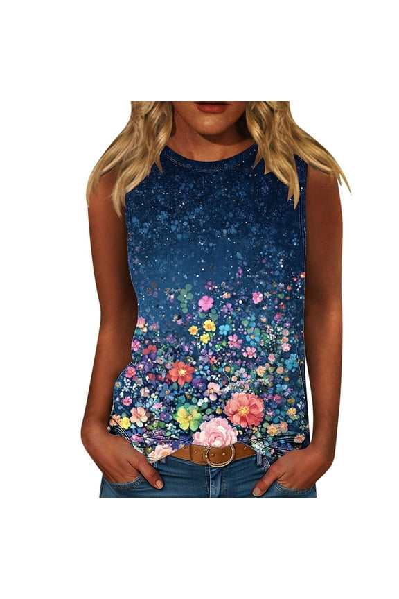 womens tops Womens Flower Print Crewneck Tank Tops Graphic Curved Hem Sleeveless Tops Summer Casual Loose Fit Shirts spring tops for women