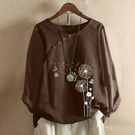 womens tops clearance under $10 Tops For Women Casual Spring Summer Women's Long Sleeve Cotton Linen Dandelion Graphic Print Crewneck Vintage Blouses Tops Plus Size