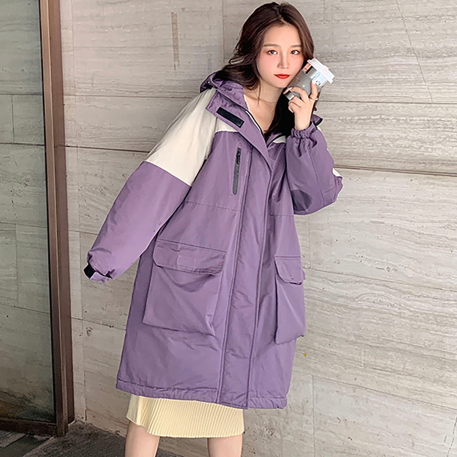 womens tops clearance under $5 Women'S Winter Loose Mid-Length Color  Matching Tooling Cotton Jacket Coat Purple L,ac20262