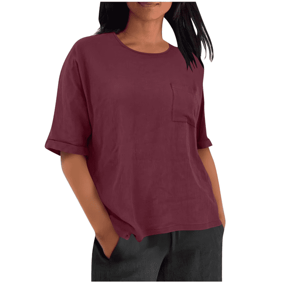 womens tops short sleeve summer Elbow Length Sleeve Coop Neck T-Shirts Casual Loose Comfy Lightweight Trendy Basic Shirts with Pocket
