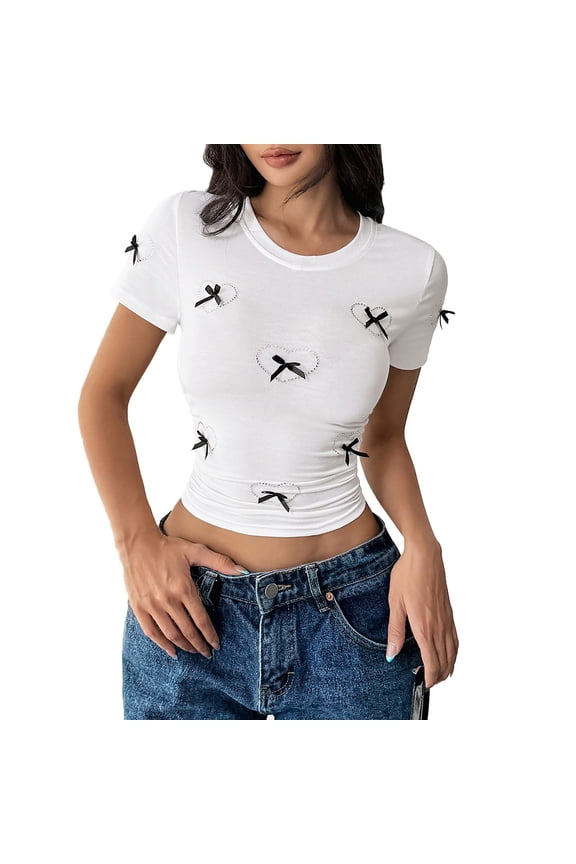 womens Tops Spring Fashion Women'S Asymmetrical Hem Short Sleeve Top Bow Tie Drawstring Side Y2K Tee Shirt Tops Spring Tops For Women