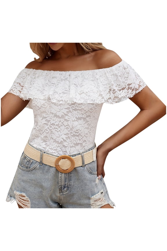 womens tops spring fashion Women's Floral Lace Off The Shoulder Bodysuit Short Sleeve Fitted Leotard Romper Tops spring tops for women