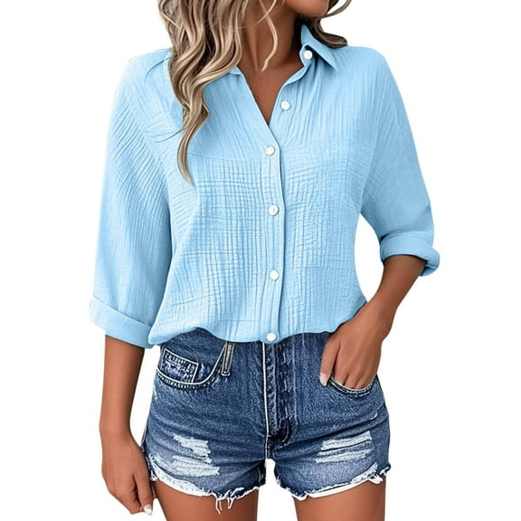 womens tops womens button down shirt Women's Casual Short Sleeve Solid Color Blouse Tops For Everyday Wear With Jeans Comfortable Spring Summer Fall Shirt