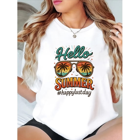 womens white graphic t shirt hello summer tropical beach tee casual short sleeve round neck top for vacation everyday summer outfits machine washable lightweight shirt