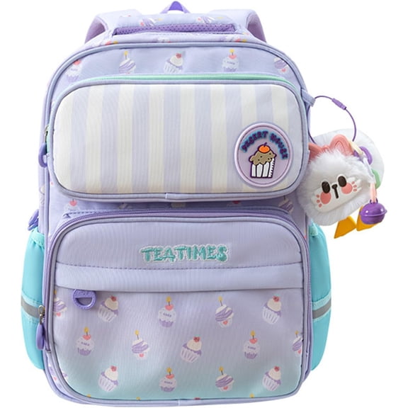 womens women Backpack For Age 4-7 womens Waterproof Oxford Bookbag with Chest Buckle & Plush Charm - Purple Cute Cupcake Design