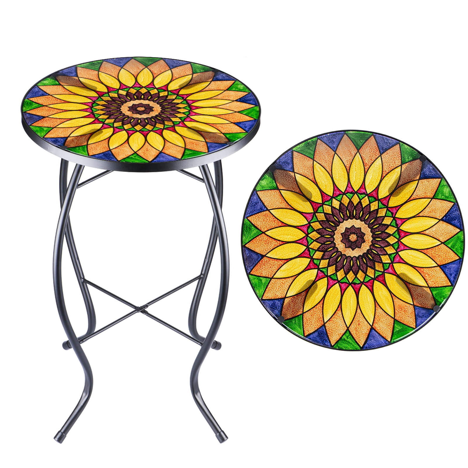 wonder garden Round Outdoor Side Table for Garden, 14" Glass Porch Mosaic Tables, Yellow